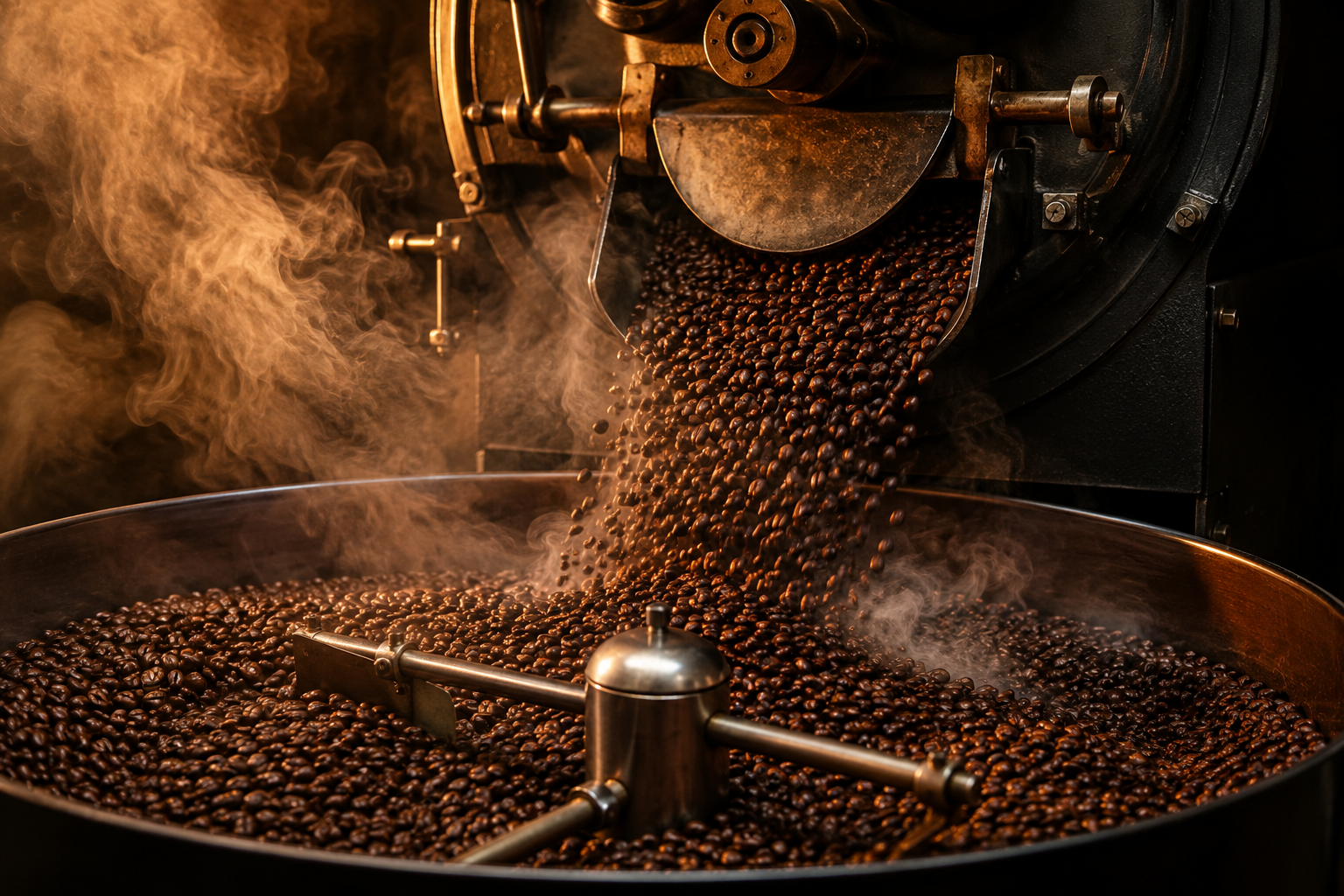 Torrador de café com grãos no resfriador